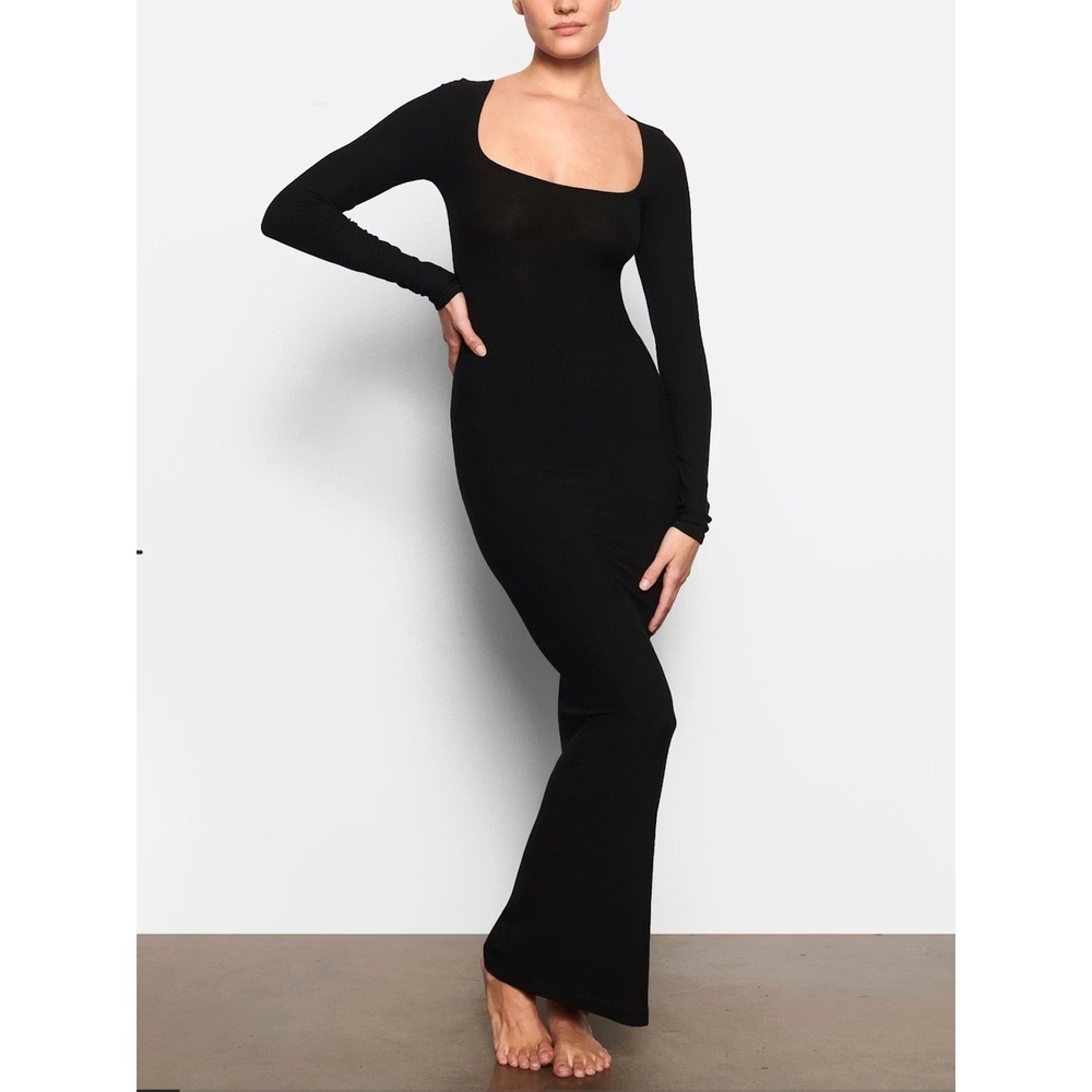 SKIMS Soft Lounge Long Sleeve Maxi Dress Onyx Black Ribbed Scoop Neck XL‎